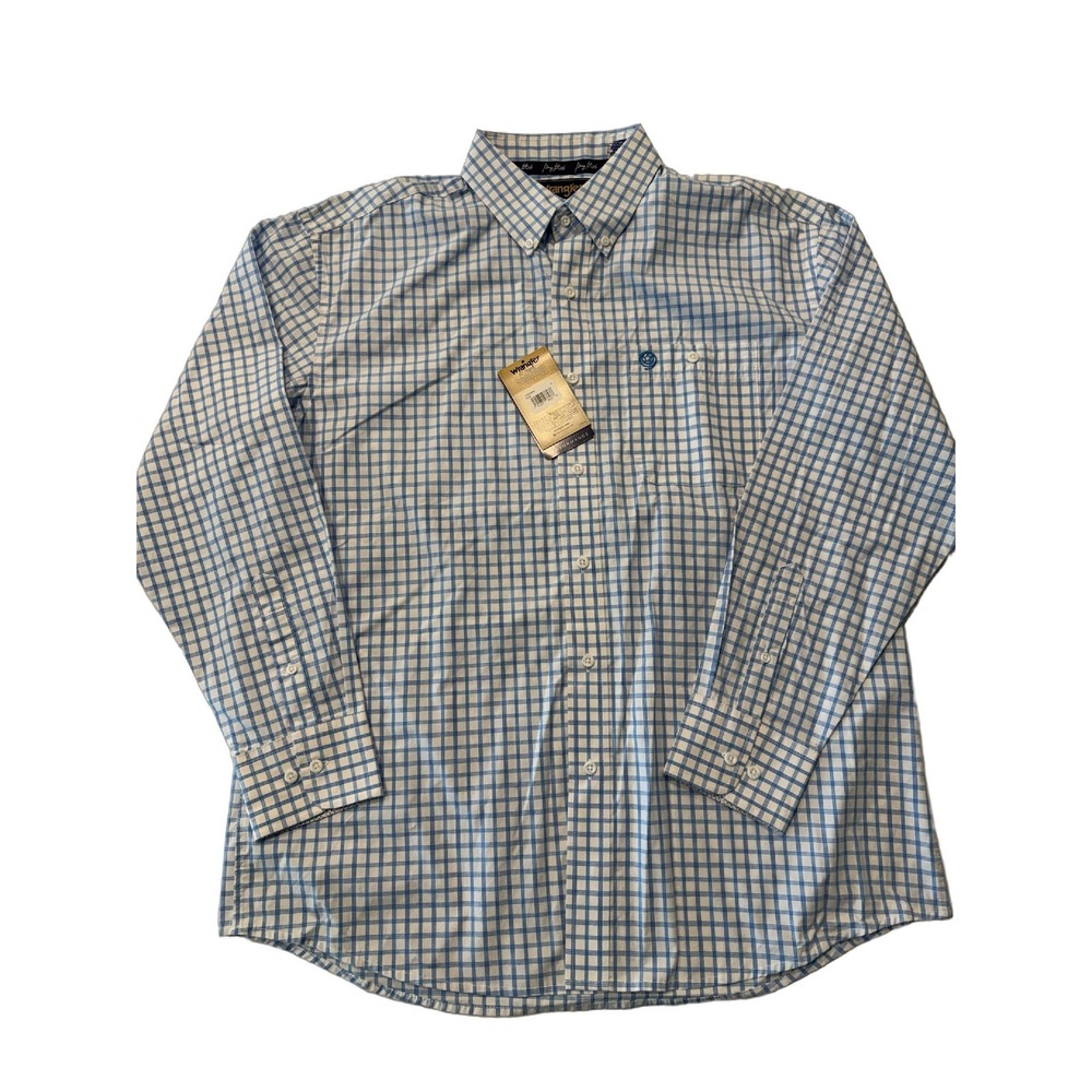 Wrangler George Strait Men's L Blue Plaid Long Sleeve Button Down Shirt Stretch